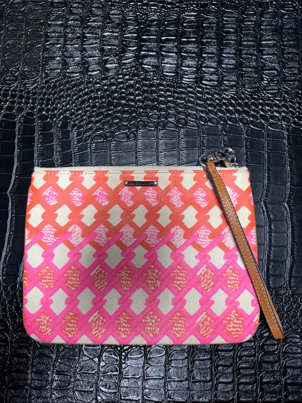 Rebecca Minkoff Pink and Orange Patterned Wristlet with Brown Strap